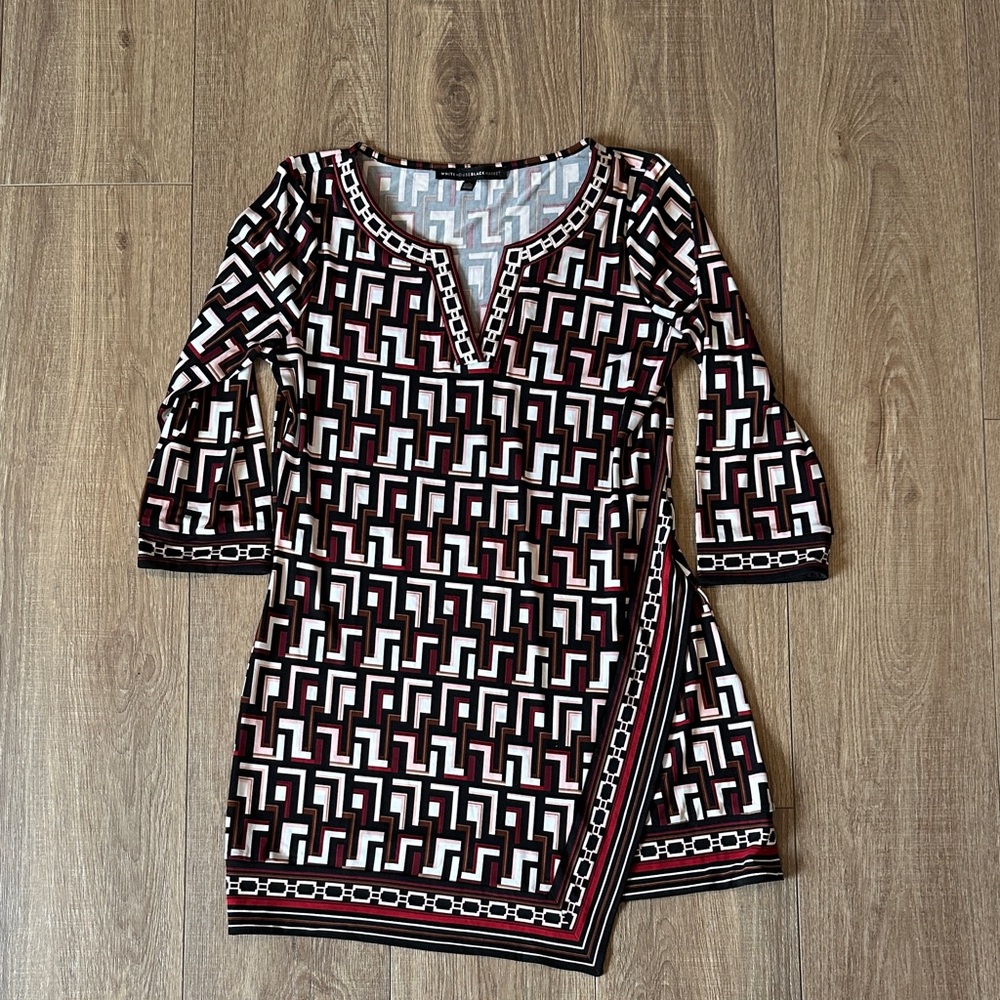 White House Black Market Geometric Long Sleeve Dress - Black, White, Brown